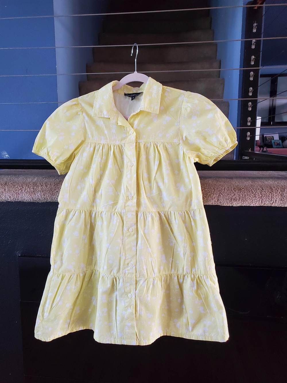 Derek Heart Yellow Tiered Button-Down Mini Dress with Puff Sleeves